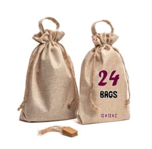 24 pack - burlap bags with drawstring 10" x 13" x 2" jute gift bags handle & labels, diy craft, wedding, party favor, kitchen storage, rustic multi-use