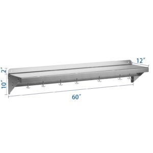 KYBOLT 12"x60" Stainless Steel Shelf,Multifunctional Metal Wall Mounted Shelf,Stainless Steel Kitchen Shelf with 2 Stainless Steel Backsplashs and 7 Hooks