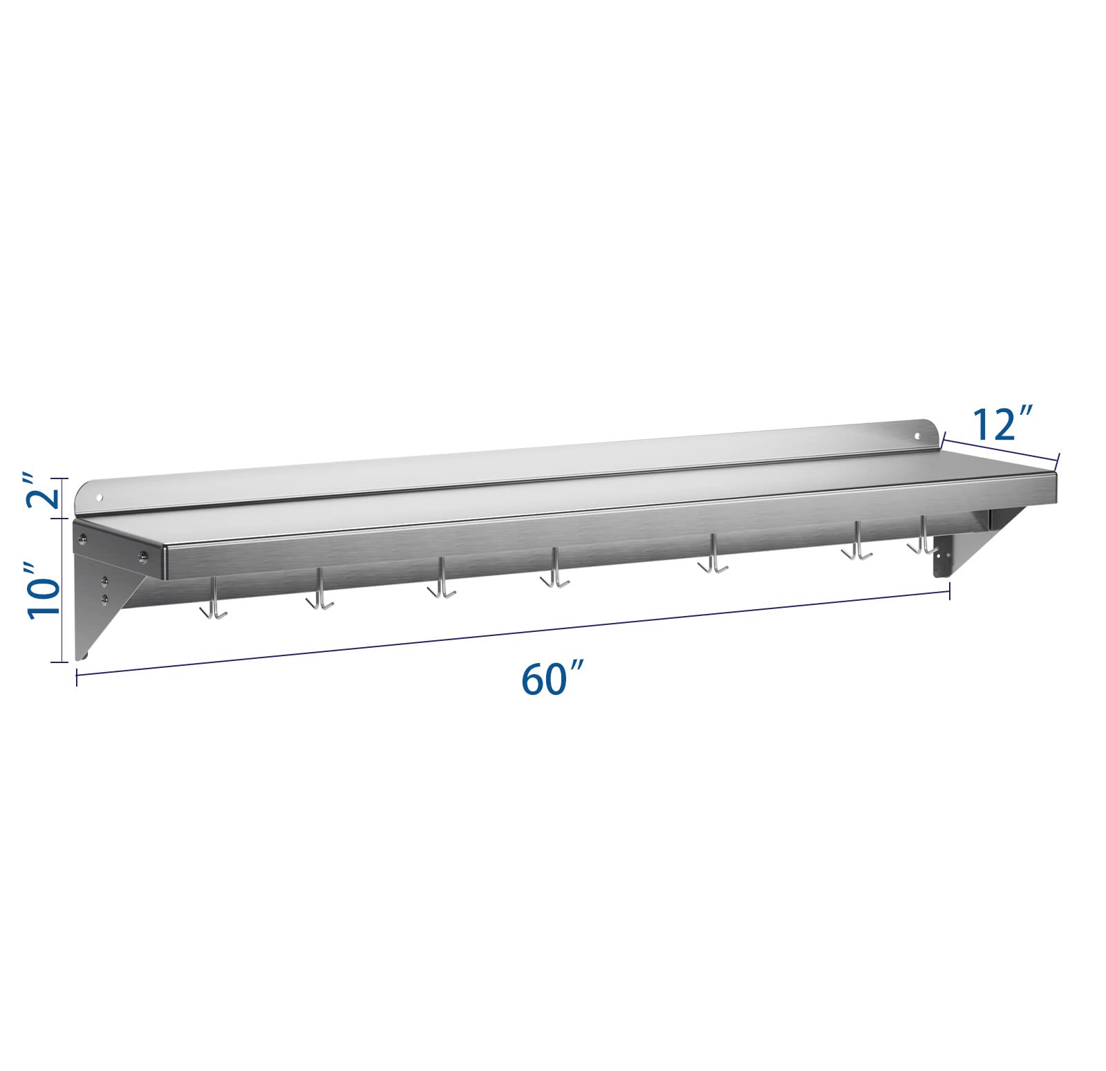 KYBOLT 12"x60" Stainless Steel Shelf,Multifunctional Metal Wall Mounted Shelf,Stainless Steel Kitchen Shelf with 2 Stainless Steel Backsplashs and 7 Hooks