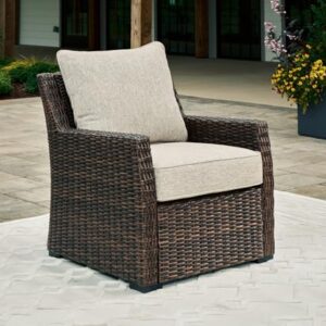 Signature Design by Ashley Brook Ranch Casual Weather Resistant Outdoor Lounge Chair with Cushion, Dark Brown & Beige