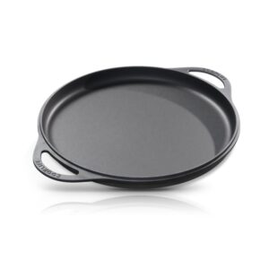 cooklife 12" smooth cast iron griddle with pan scraper and mesh dish scrubber, round pre-seasoned griddle pan for stove top, easy to clean & maintain pizza pan, dishwasher & oven safe stovetop griddle