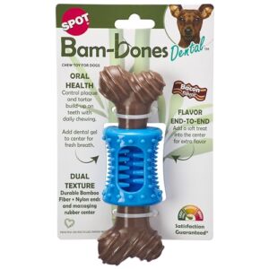 spot bam-bones plus dental chew bone - bamboo fiber & nylon with a massaging rubber center, durable long lasting oral care dog chew for aggressive chewers & teething puppies, 6.5in, bacon flavor