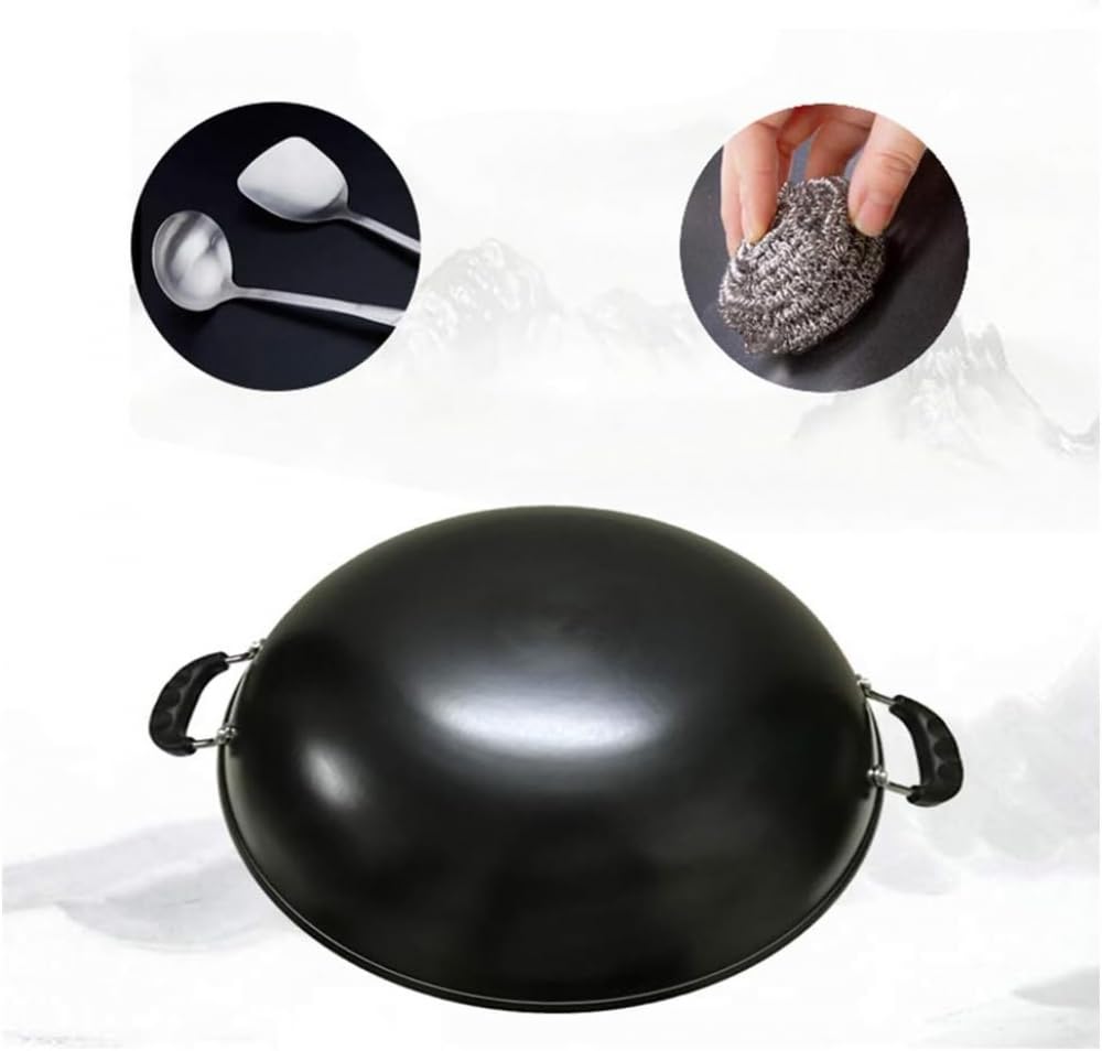 18 inch Cast Iron Wok, Chinese Style Wok, Traditional Hand Hammered Pot, with Cover and 2 Pot Ear, Does not Rust-41cm (41cm)