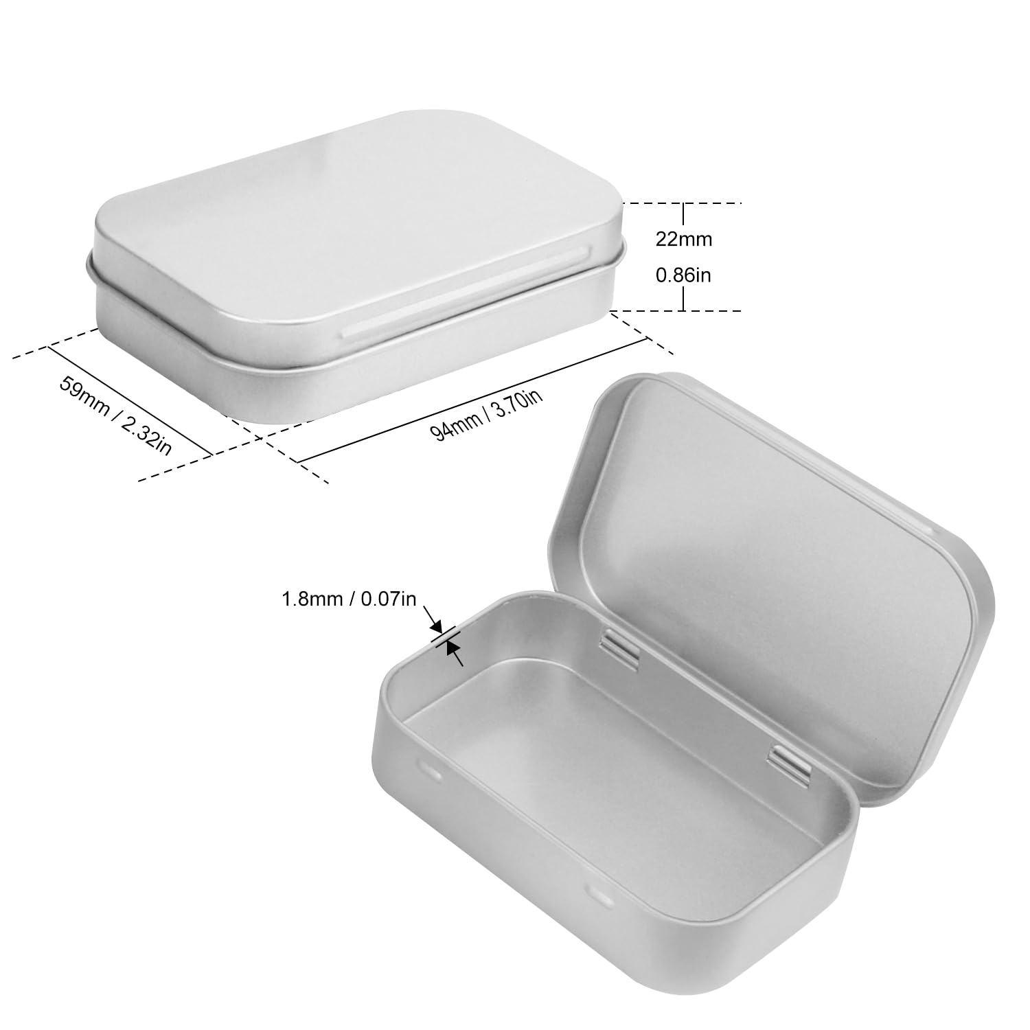 GENHAKON 40 PCS 3.7 x 2.36 x 0.86 inch, Hinged Tins Box Containers silver, Tin Box Container with hinged lids for Small Items, Such as Candy, USB Cable, Pills, Earring, Jewelry Craft, Etc