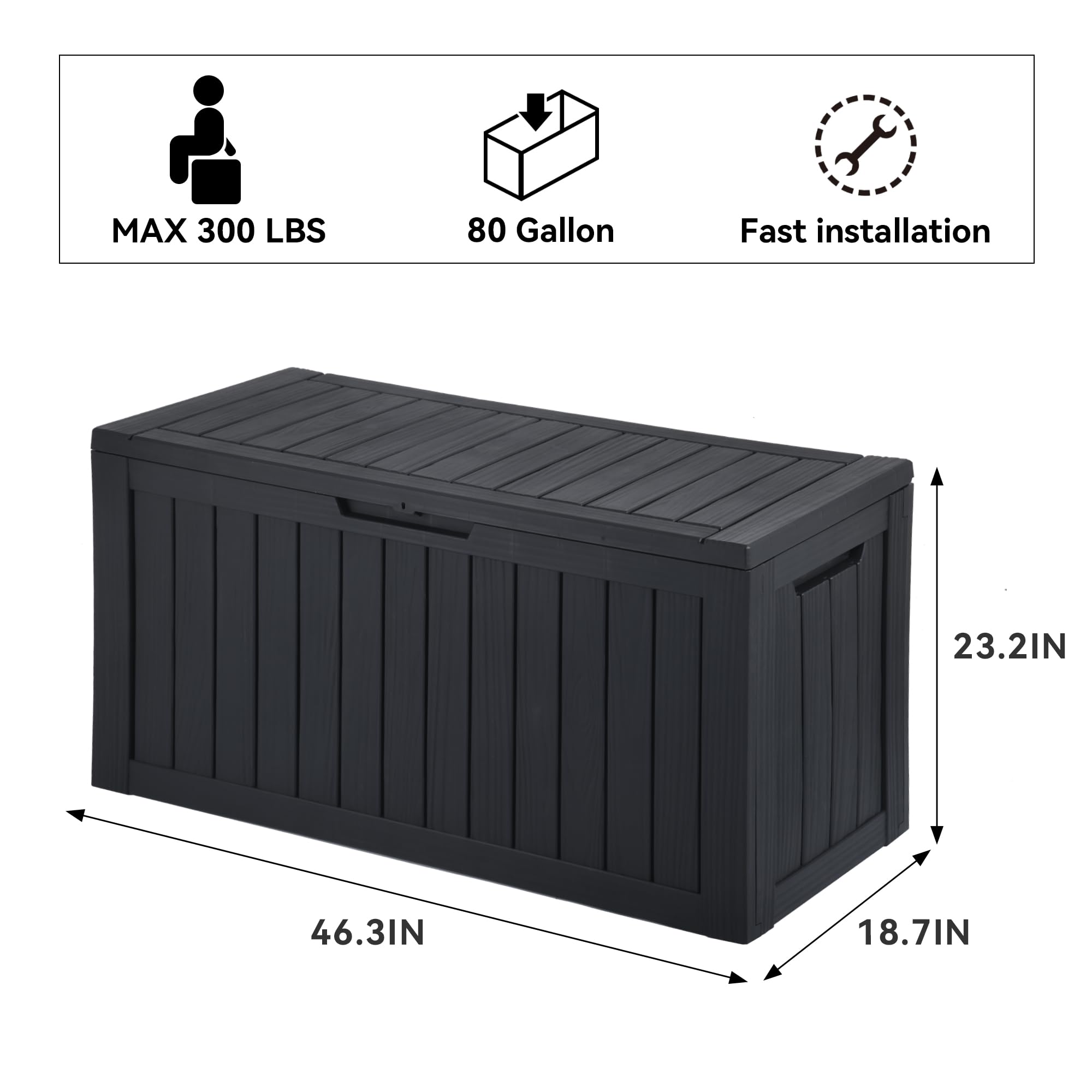 YITAHOME 80 Gallon Resin Deck Box, Outdoor Lockable Storage Box for Patio Furniture, Waterproof Patio Deck Box for Cushions, Pool Supplies, Sports Equipment and Garden Tools, Black