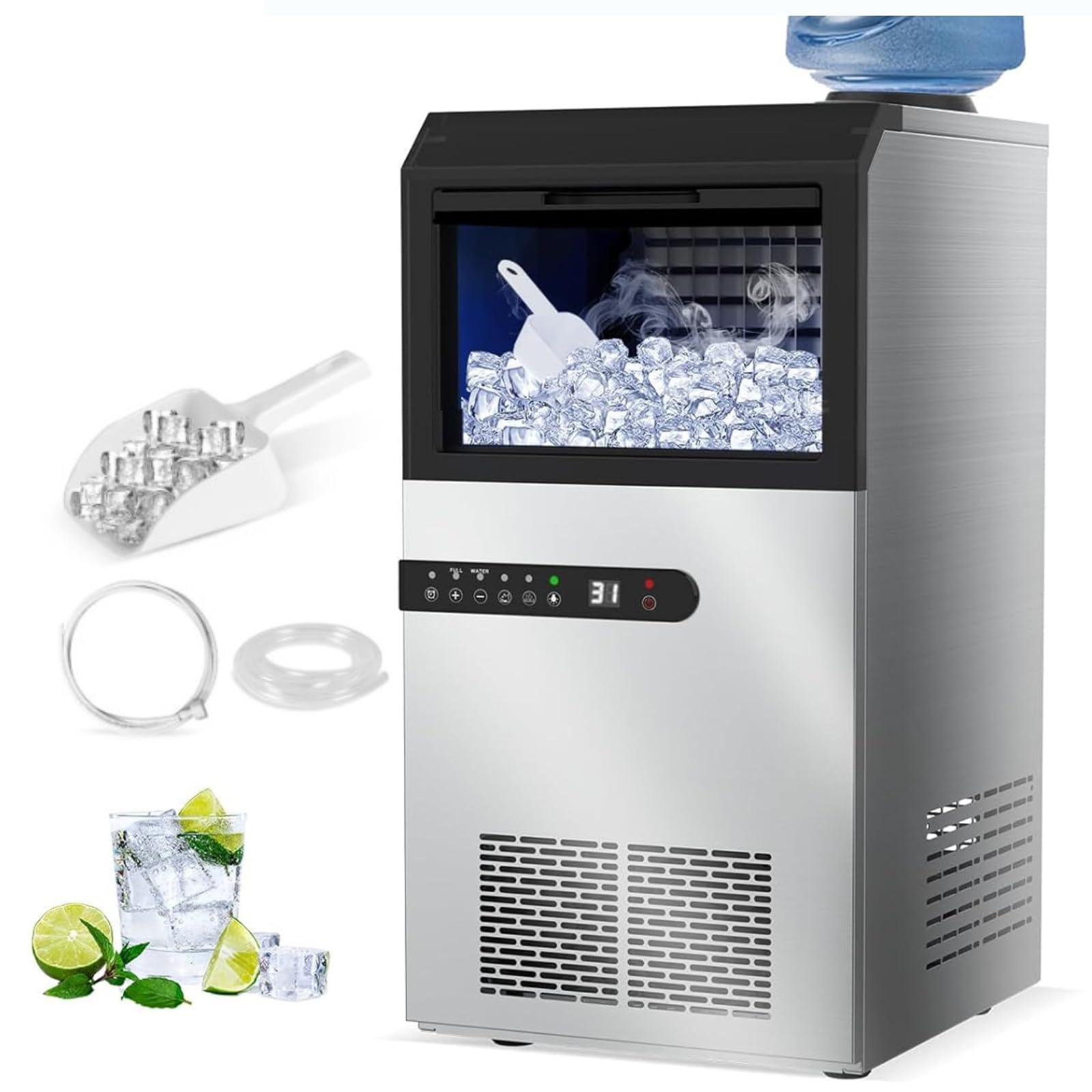 Kikihuose Commercial Ice Maker Machine, 100Lbs/24H Ice Production Under Counter Ice Maker, Tap Water & Top Loading Freestanding Ice Machine, 45 Ice Cubes/Cycle, Include Ice Scoop, Connection Hose