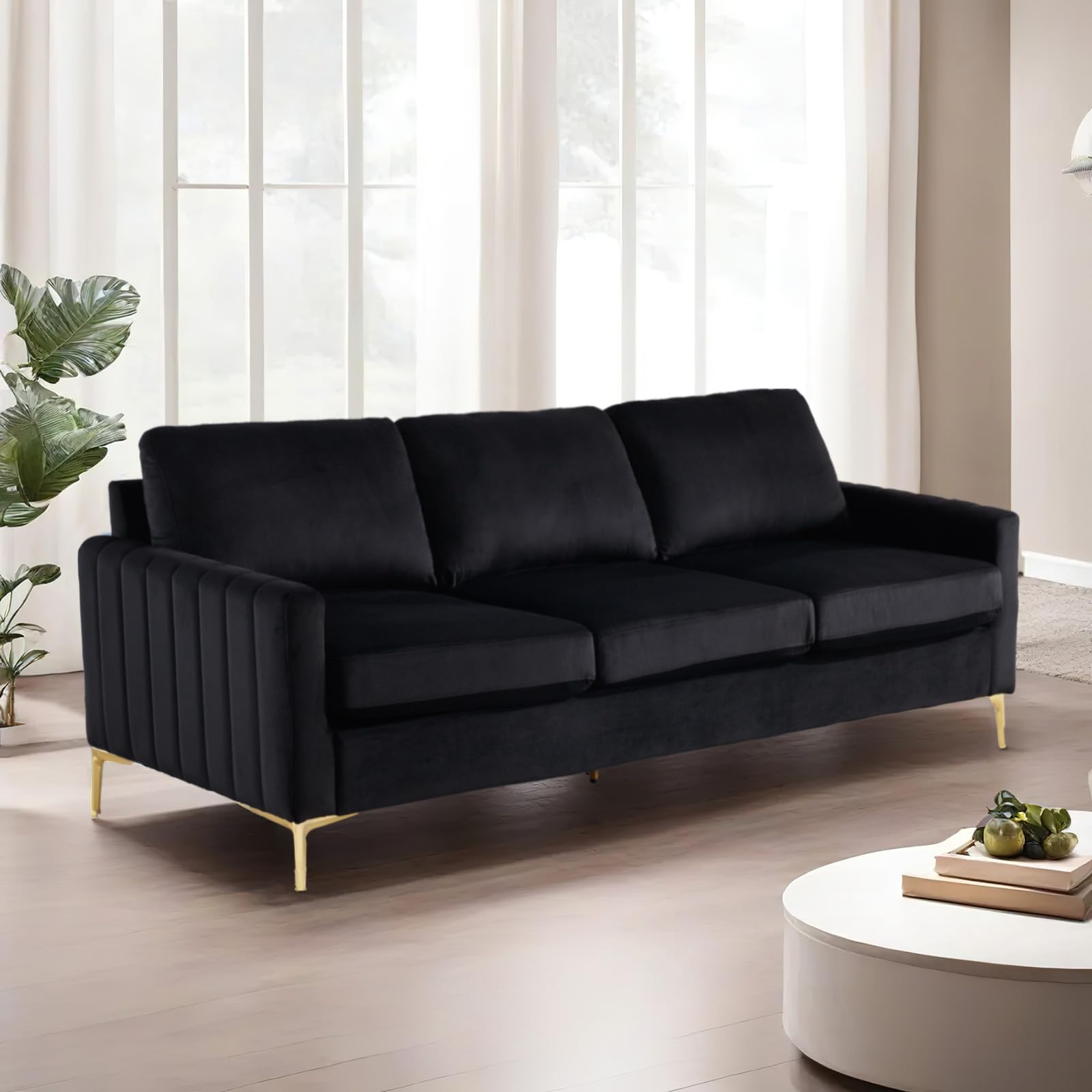 Deolme Velvet Couch Living Room, 85.4-inch Comfy 3-Seater Sectional Couches Love Seat Sofa for Bedroom Furniture juegos de muebles Mid Century Modern Upholstered Soft Cushioned Golden Leg (Black)