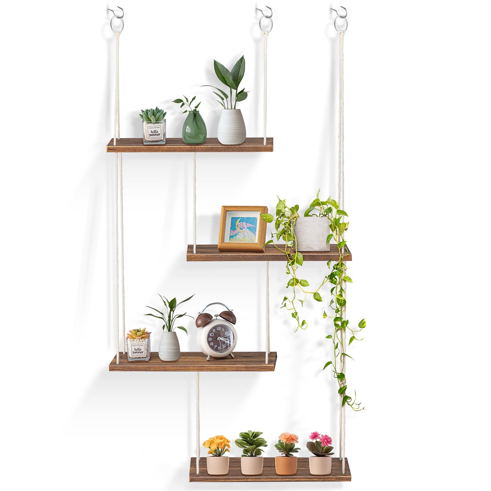 DoubleFill 4 Tier Boho Hanging Shelves for Wall Hanging Shelf Floating Shelves Boho Home Decor Wall Hangings for Living Room, Bedroom