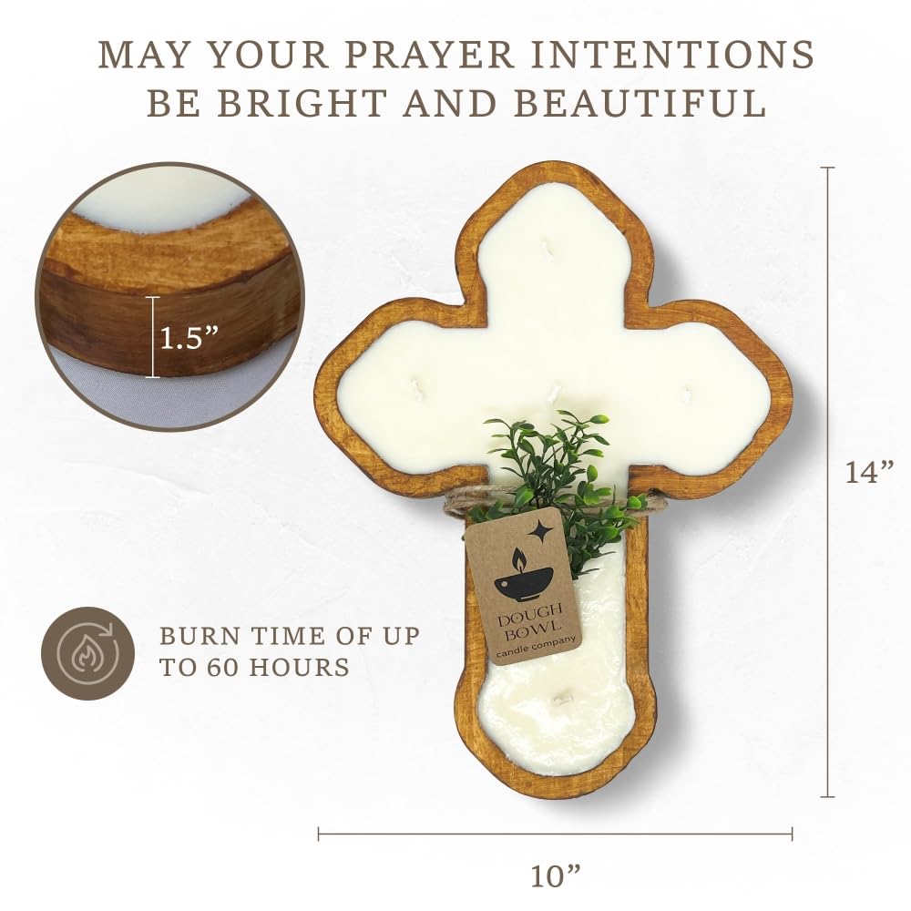 Dough Bowl Candle Company Prayer Candle - 14" x 10" x 1.5" 6 Wick Religious Candles, Long Lasting Cross Candle, Wooden Candle with 100% Soy Wax, Fragrant Scented Candle for Altar Supplies, Prayer Bowl