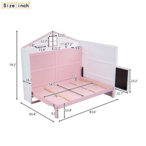 SOFTSEA Full Size Murphy Bed, Wooden House Folding Bed Frame with USB Posts, Storage Shelves and Blackboard, Wall Bed Frame with Window Design for Boys and Girls Bedroom, Pink