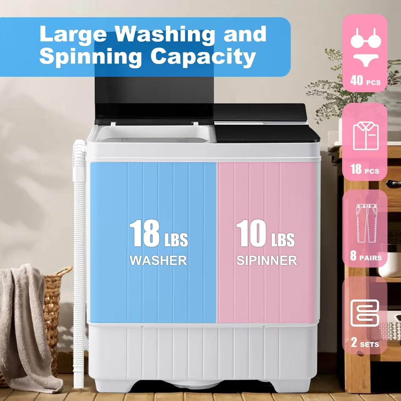 28Lbs Portable Washing Machine, Twin Tub Washing Machine Laundry Compact Washer spinner Combo with Drain Pump and Spin Cycle, 18Lbs Washer and 10Lbs Spinner dryer for Apartments RVs and Dorms