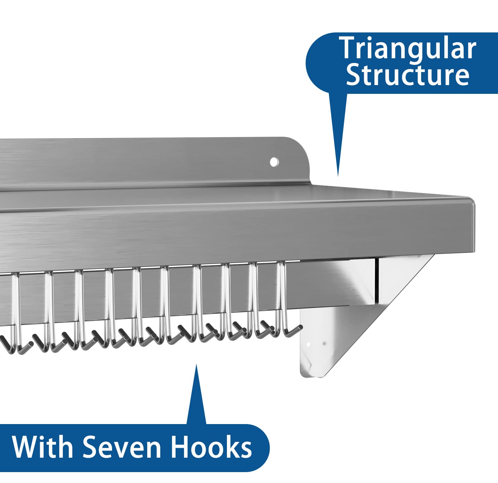 KYBOLT 12"x60" Stainless Steel Shelf,Multifunctional Metal Wall Mounted Shelf,Stainless Steel Kitchen Shelf with 2 Stainless Steel Backsplashs and 7 Hooks