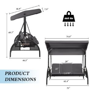 Grepatio Outdoor Porch Swing with Canopy, 3 Person Patio Porch Swing Chairs with Stand, Porch Bed Swing with Removable Cushion and Cup Holder for Patio, Garden, Poolside (Gray)