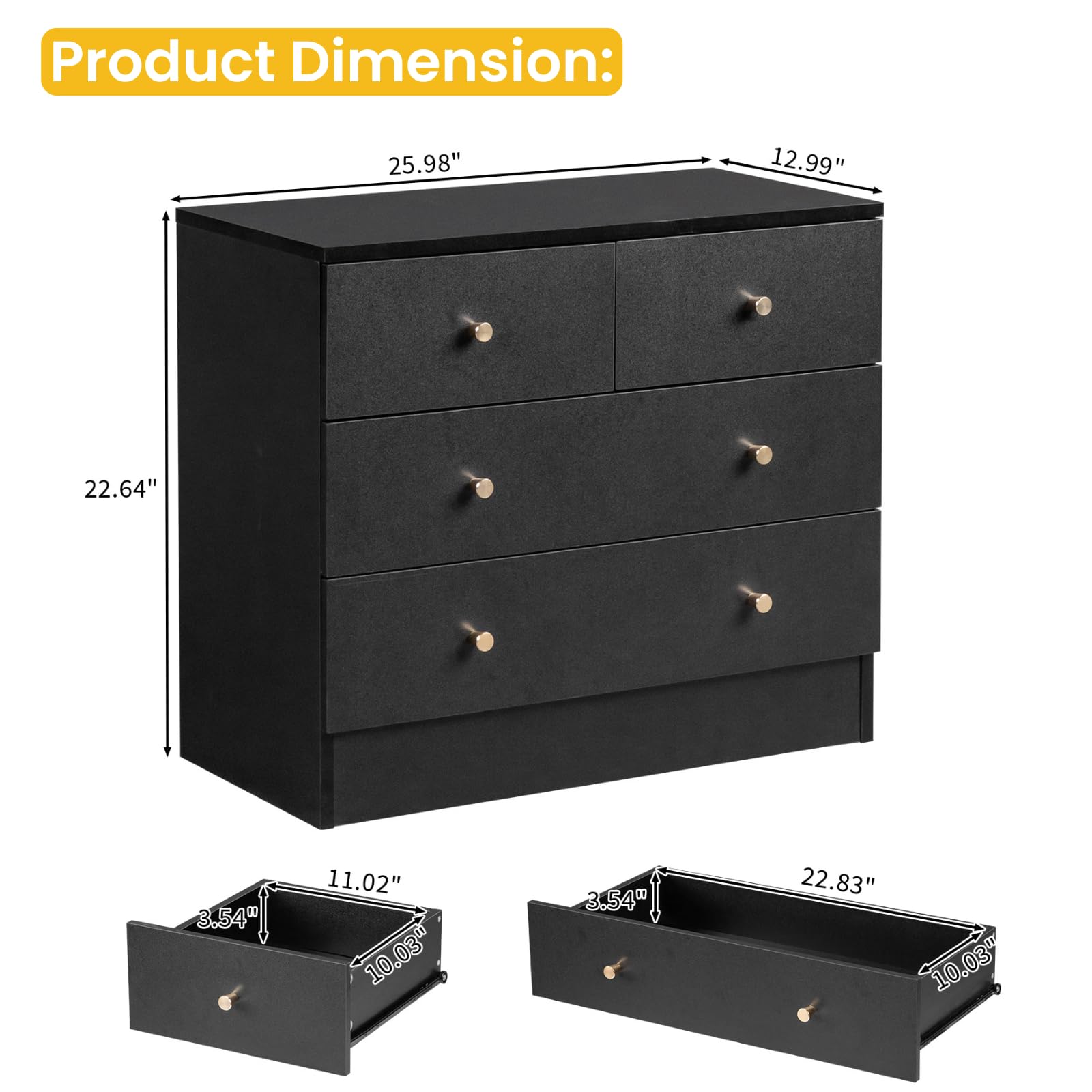 Karl home Black 4 Drawer Dresser for Bedroom, Modern Tall Wood Dressers Chest of Drawers, Wardrobe Storage for Kids, 10 Inch Deep Drawers, Anti Tripping Device, Durable Slide, Living Room