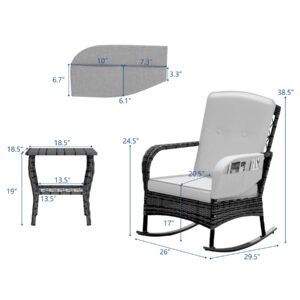 BALDPER 3 Pieces Patio Conversation Set, Outdoor Rocking Chairs with Armrest Side Pocket, Outdoor Furniture Set with Porch Chairs and Coffee Table for Deck Garden Poolside, Beige