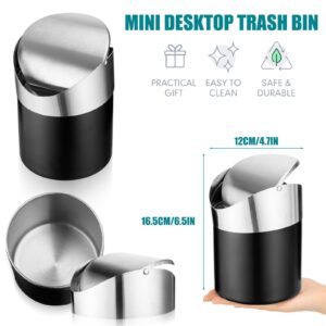 Yiyiring 2 Pcs Desk Trash Can with Swing Lids with 12 Rolls of Trash Bags, 2L Brushed Stainless Steel Countertop Garbage Bin Small Wastebasket with Lid for Office Desk, Coffee Table (Matte Black)