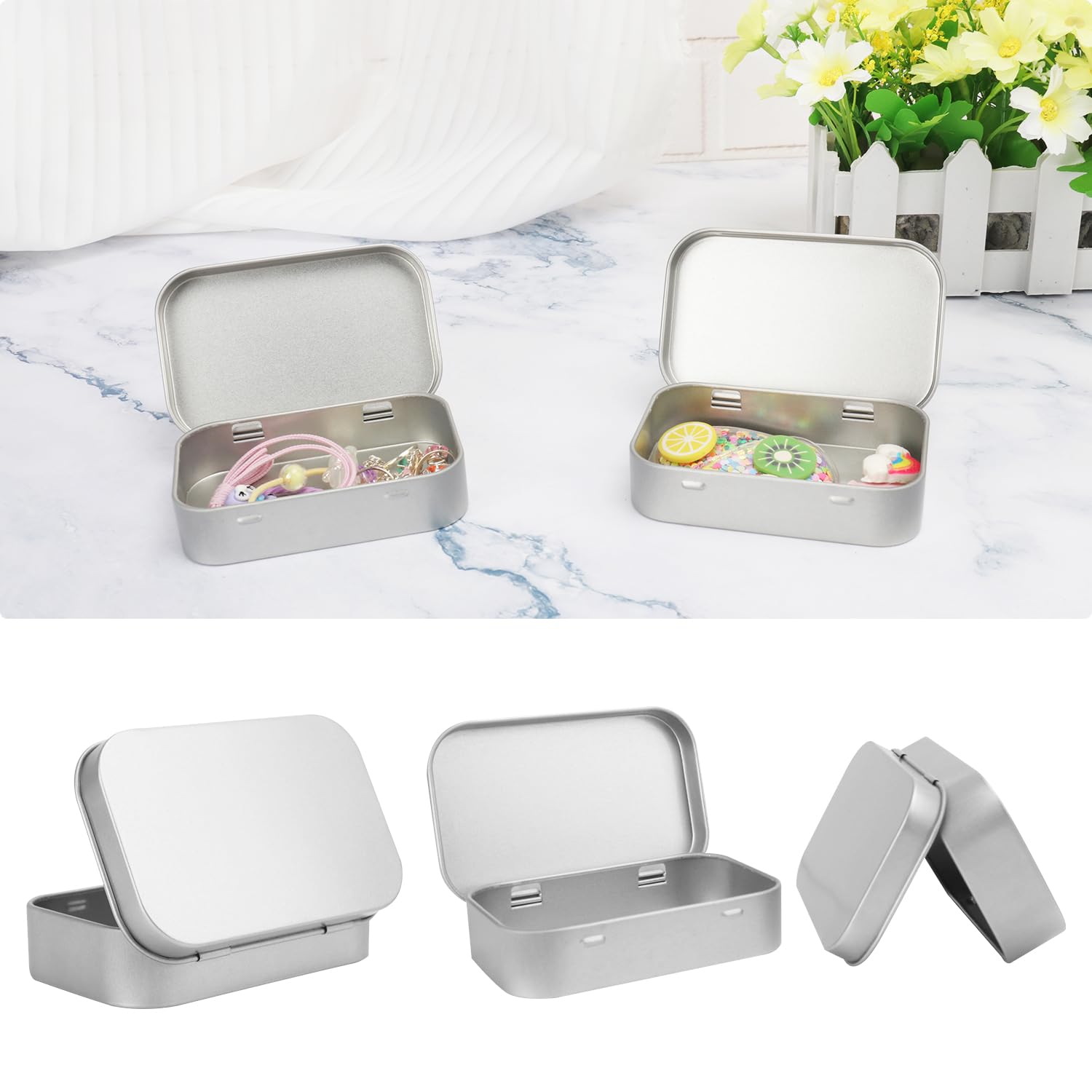 GENHAKON 40 PCS 3.7 x 2.36 x 0.86 inch, Hinged Tins Box Containers silver, Tin Box Container with hinged lids for Small Items, Such as Candy, USB Cable, Pills, Earring, Jewelry Craft, Etc