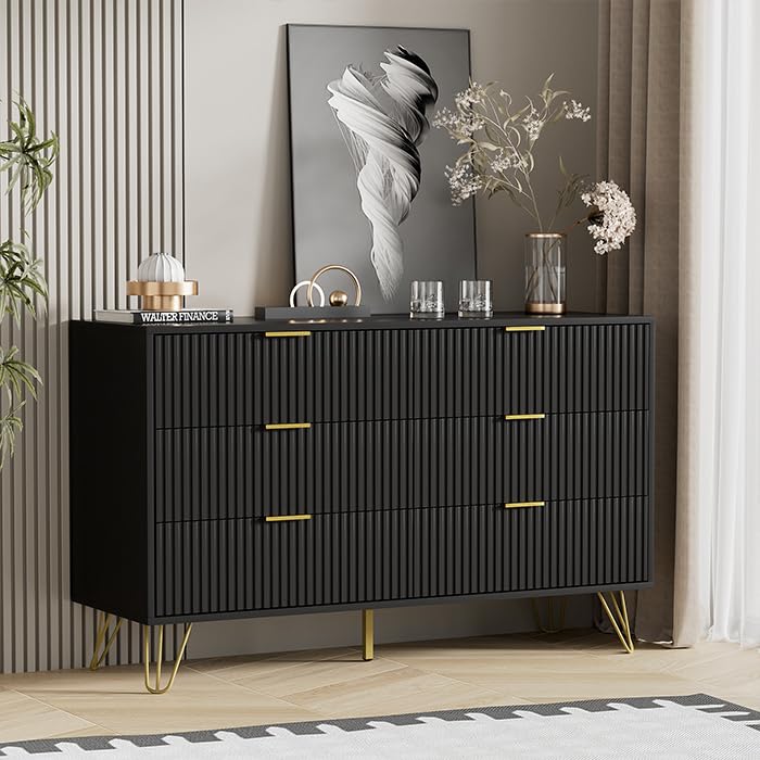 BVFUKA Black Dresser, Modern Dresser for Bedroom, 6 Drawer Dressers with Wide Drawers and Gold Handles, Storage Chest of Drawers