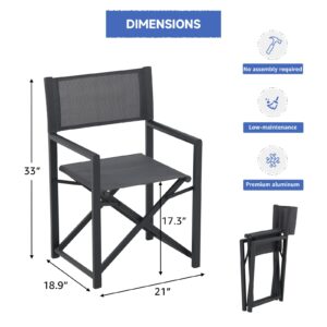 Soleil Jardin Outdoor Folding Director Chair Set of 2, Aluminum Portable Dining Chair Beach Chair for Camping Picnic Garden, Dark Grey Frame