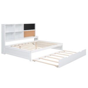 White Full Daybed with Twin Size Trundle, USB Ports and Storage Shelves, Wood Full Size Bed Frame with Blackboard, Cork board and Bookshelf, Full Sofa Bed for Living Room Bedrooms