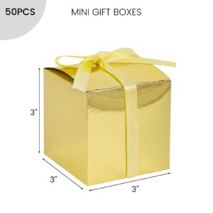 Shindel 50PCS Tiny Gift Boxes, Favor Boxes Mini Candy Treat Boxes 3 x 3 x 3 Inch Gold Boxes with Ribbon for Bridal Shower Birthday Wedding