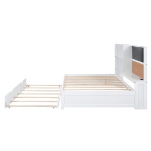 White Full Daybed with Twin Size Trundle, USB Ports and Storage Shelves, Wood Full Size Bed Frame with Blackboard, Cork board and Bookshelf, Full Sofa Bed for Living Room Bedrooms