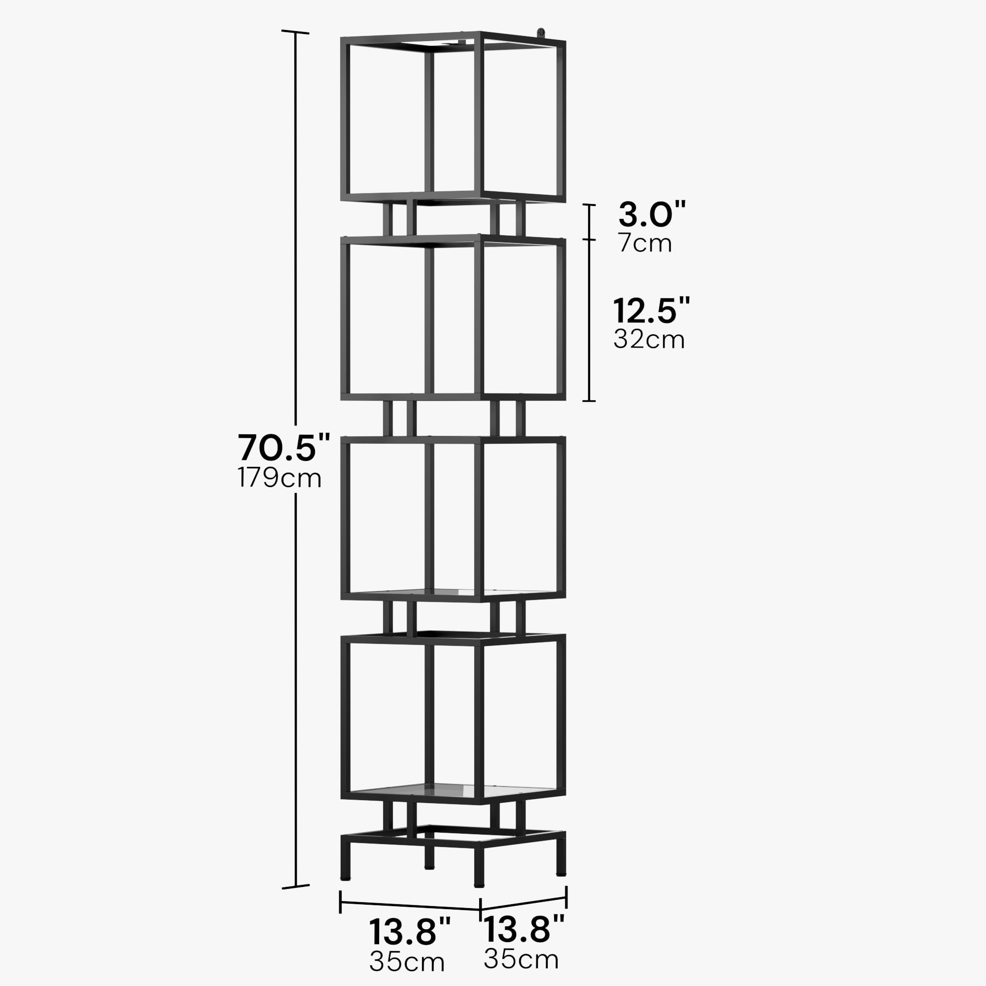 Cozy Castle Etagere Bookcase, 4-Tier Tall Bookshelf, 70.5" Slim Shelving Unit for Living Room, Home Office, Bathroom, Tempered Glass Display Cabinet, Black Metal Frame