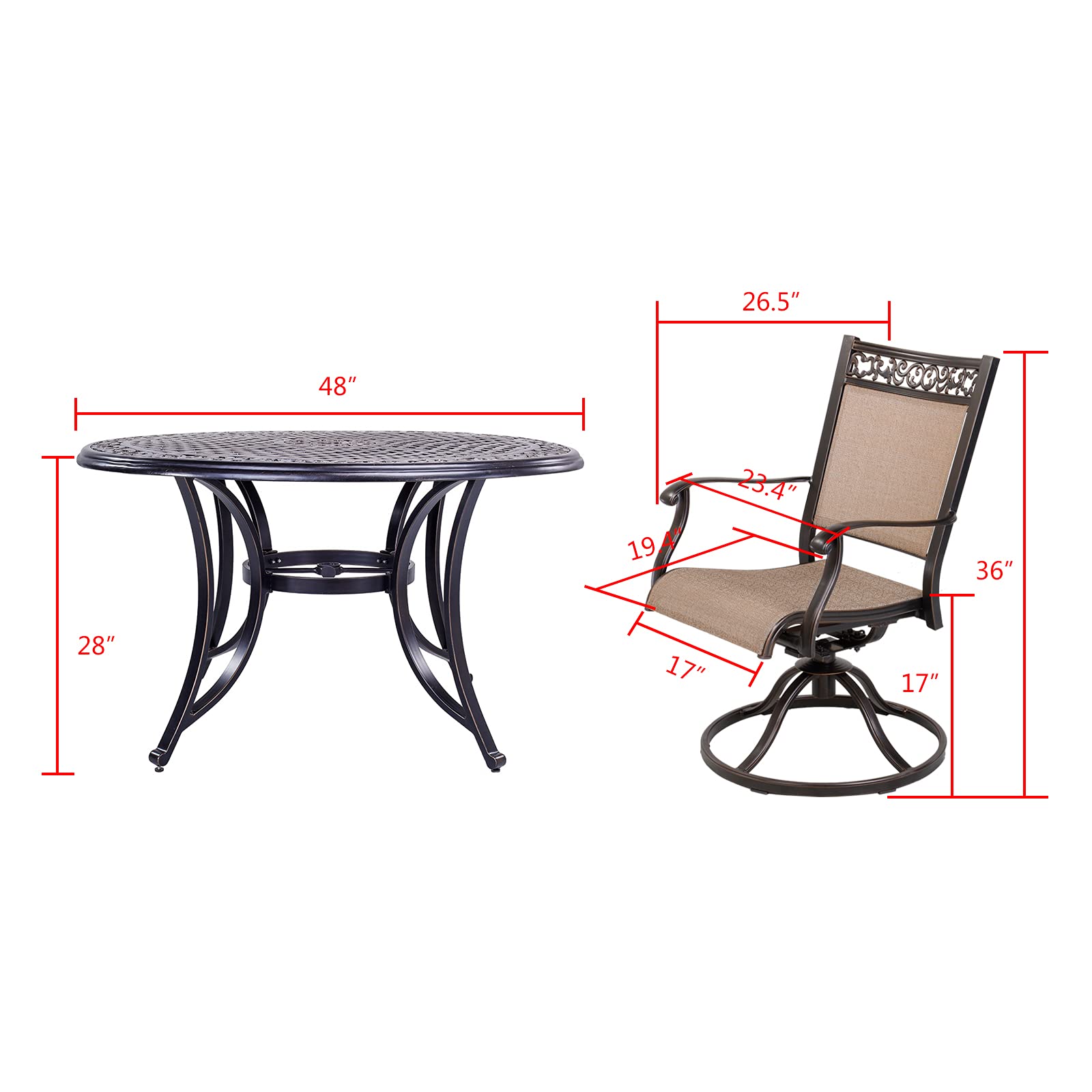 5 Piece Aluminum Patio Dining Set, 4 Textilene Swivel Rocker Chairs and 48 inch Round Alum Casting Table with Umbrella Hole, All-Weather Outdoor Furniture Set for Backyard, Patio, Lawn, Garden