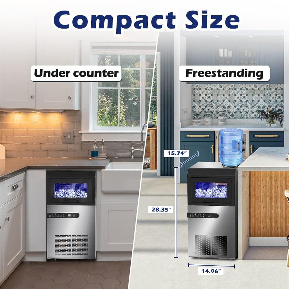 Kikihuose Commercial Ice Maker Machine, 100Lbs/24H Ice Production Under Counter Ice Maker, Tap Water & Top Loading Freestanding Ice Machine, 45 Ice Cubes/Cycle, Include Ice Scoop, Connection Hose