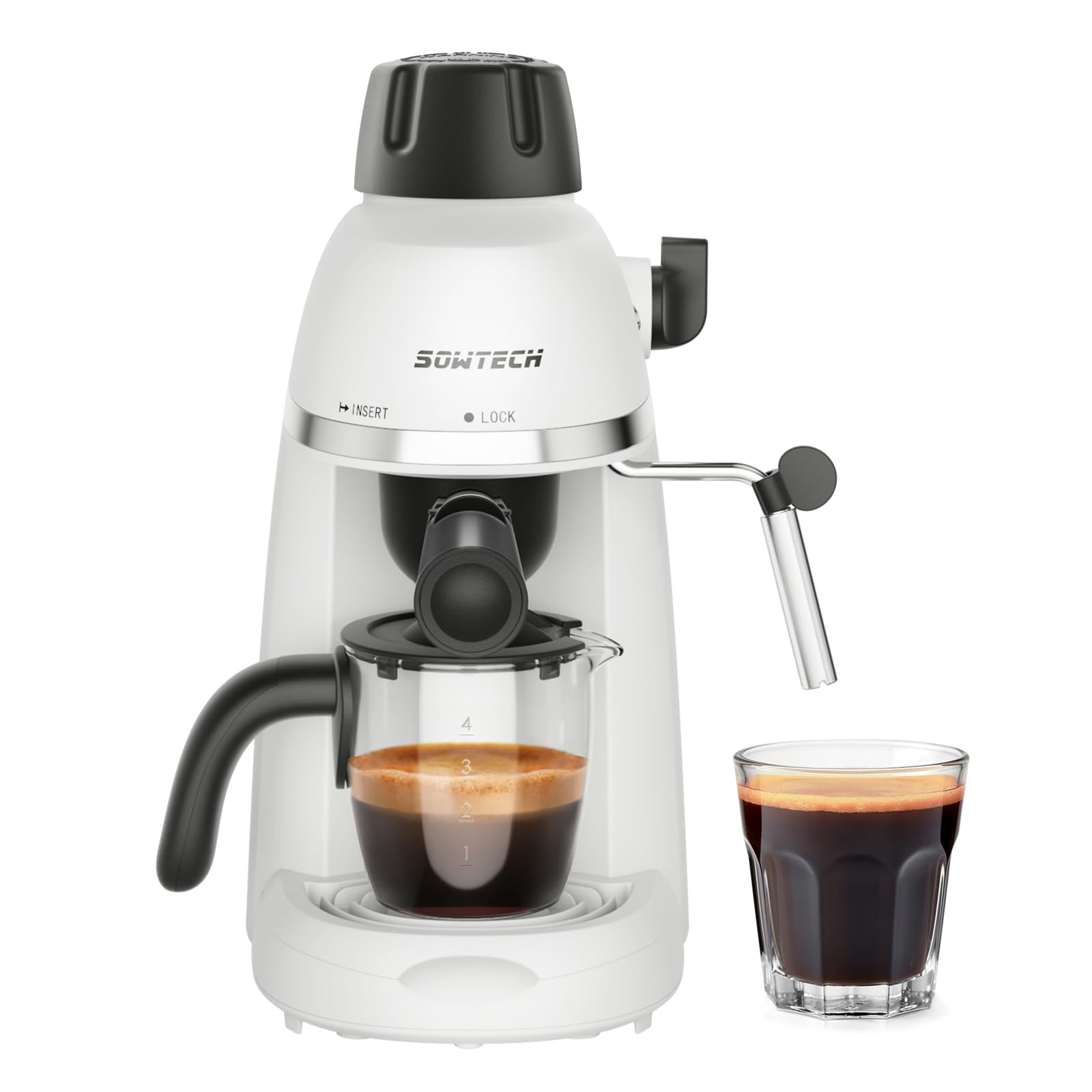 SOWTECH Espresso Coffee Machine Cappuccino Latte Maker 3.5 Bar 1-4 Cup with Steam Milk Frother White, CM5409-UL