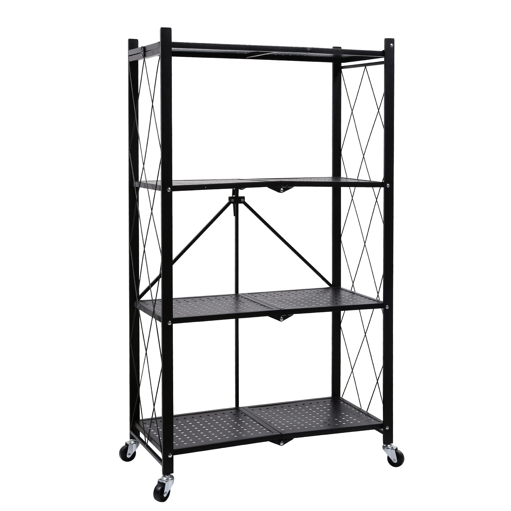 YSSOA HealSmart 4-Tier Heavy Duty Foldable Metal Rack Storage Shelving Unit with Wheels Moving Easily Organizer Shelves Great for Garage Kitchen, Black