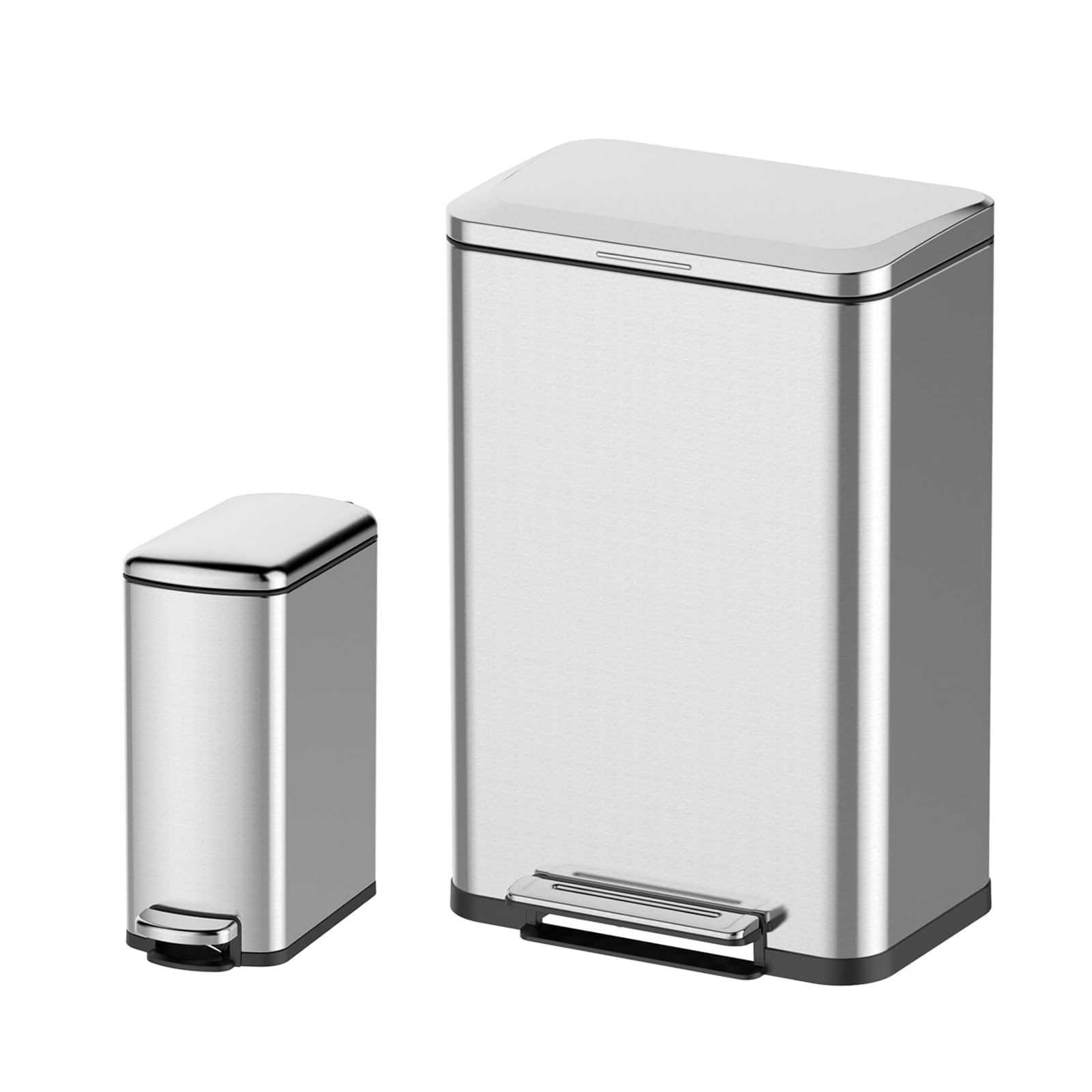 GAOMON 13 Gallon & 2.1 Gallon Trash Can Combo Set, Stainless Steel Kitchen Garbage Can with Foot Pedal Quiet-Close Lid, 50 Liter and 8 Liter Capacity, Silver