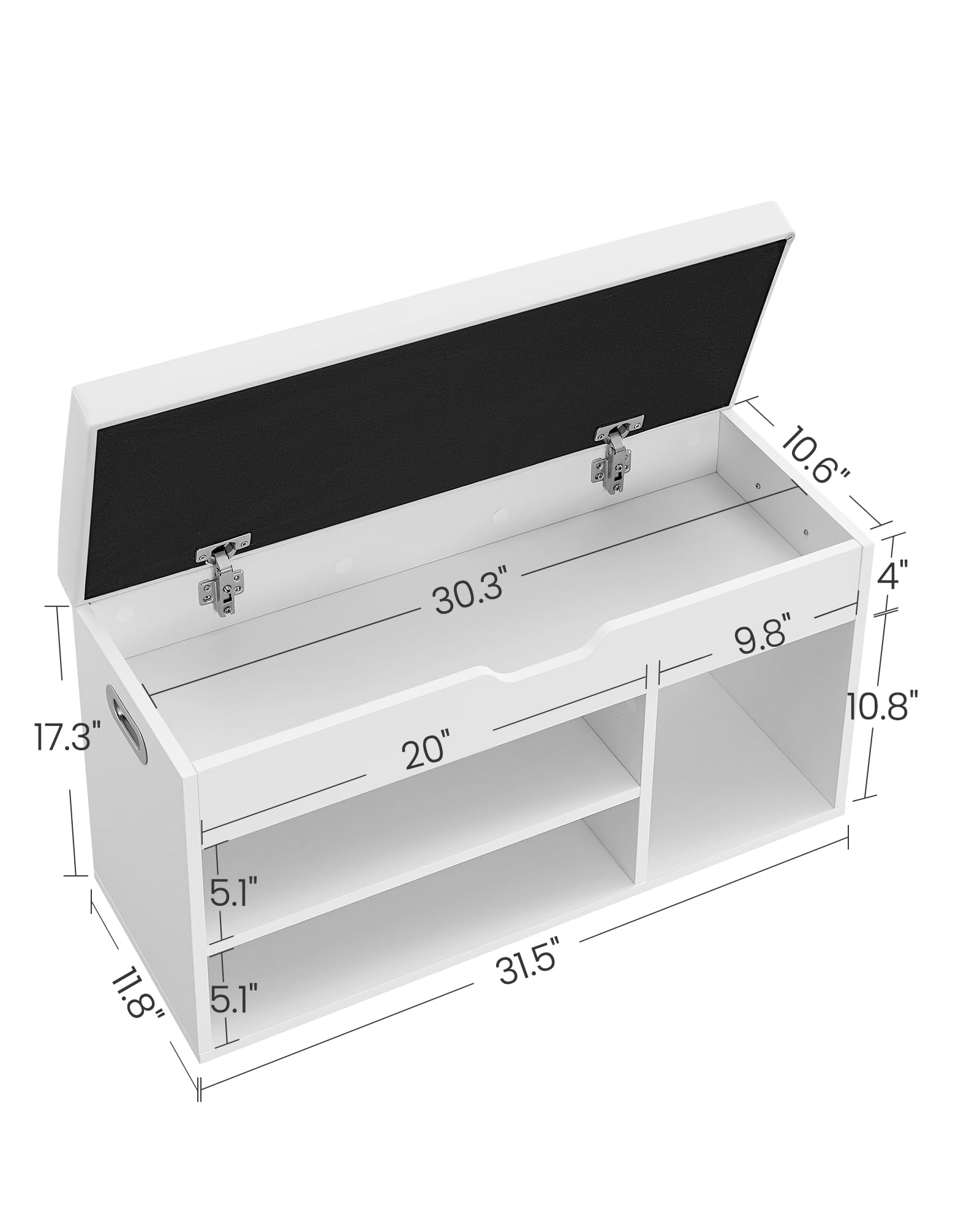 VASAGLE Storage Bench with Cushion, Shoe Bench with Padded Seat, 3 Compartments, Hidden Storage, Shelves, Hallway Bedroom, Load Capacity 330 lb, 11.8 x 31.5 x 17.3 Inches, Cloud White