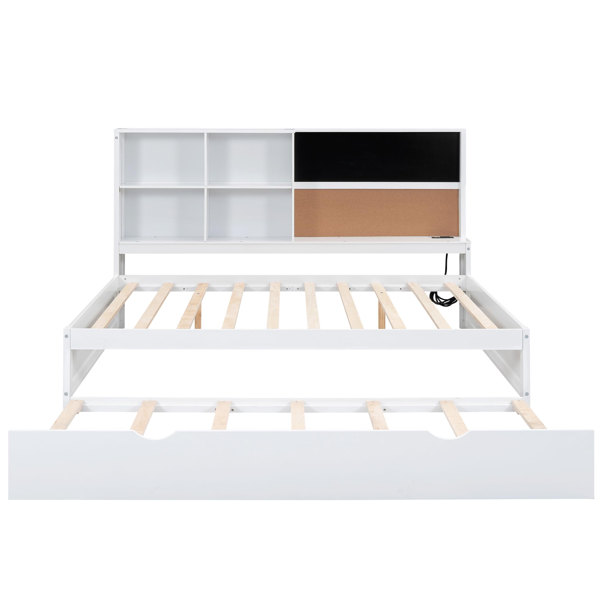 White Full Daybed with Twin Size Trundle, USB Ports and Storage Shelves, Wood Full Size Bed Frame with Blackboard, Cork board and Bookshelf, Full Sofa Bed for Living Room Bedrooms