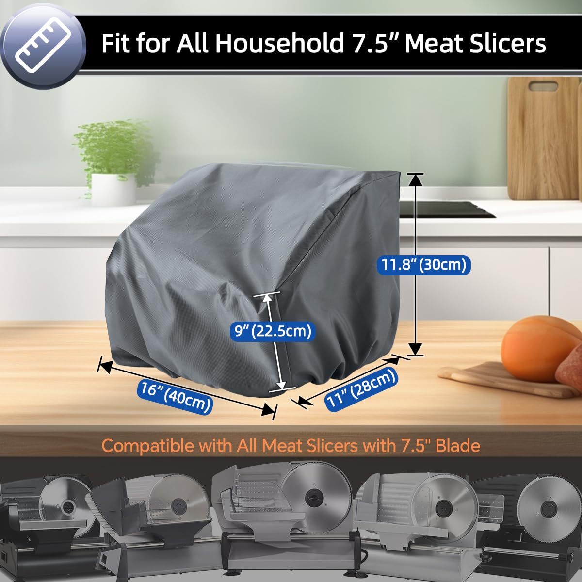 Meat Slicer Cover, Dust Cover for Home Use Electric Deli Slicer, Waterproof Oxford Fabric, Compatible with OSTBA / Anescra / Borlebbi / Chefman and All 7.5" Household 200W 150W Meat Slicers