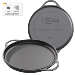 COOKLIFE 12" Smooth Cast Iron Griddle with Pan Scraper and Mesh Dish Scrubber, Round Pre-Seasoned Griddle Pan for Stove Top, Easy to Clean & Maintain Pizza Pan, Dishwasher & Oven Safe Stovetop Griddle