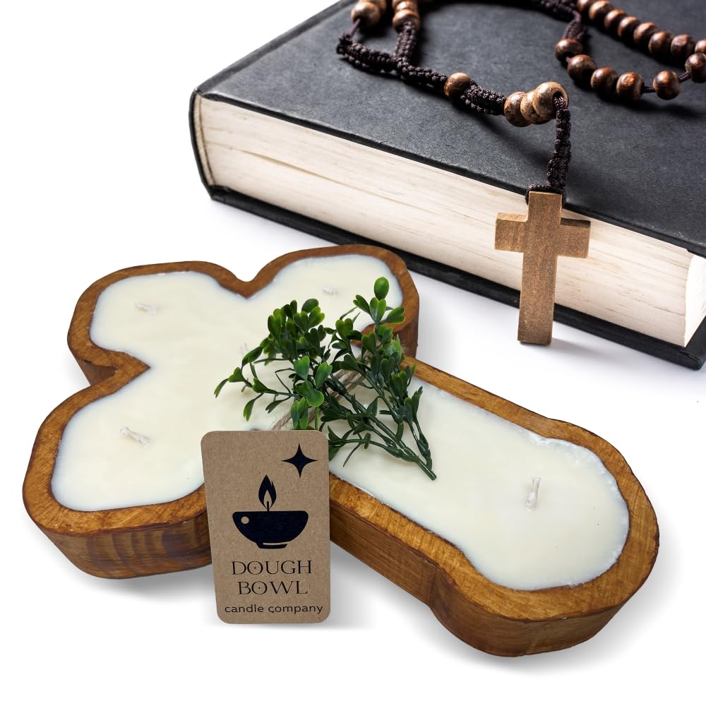 Dough Bowl Candle Company Prayer Candle - 14" x 10" x 1.5" 6 Wick Religious Candles, Long Lasting Cross Candle, Wooden Candle with 100% Soy Wax, Fragrant Scented Candle for Altar Supplies, Prayer Bowl