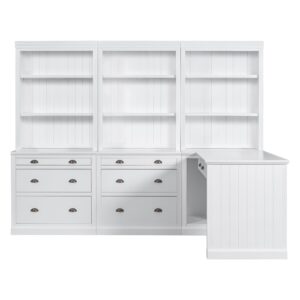 lz leisure zone 2 bookshelf & 1desk suite, 83.4" modern bookcase suite with led lighting, drawers and open shelves, 3-piece set storage bookshelf for living room/home office/study room, white