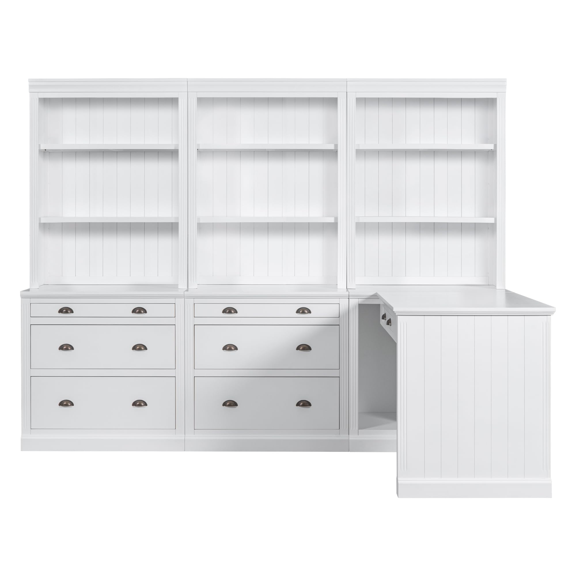 LZ LEISURE ZONE 2 Bookshelf & 1Desk Suite, 83.4" Modern Bookcase Suite with LED Lighting, Drawers and Open Shelves, 3-Piece Set Storage Bookshelf for Living Room/Home Office/Study Room, White