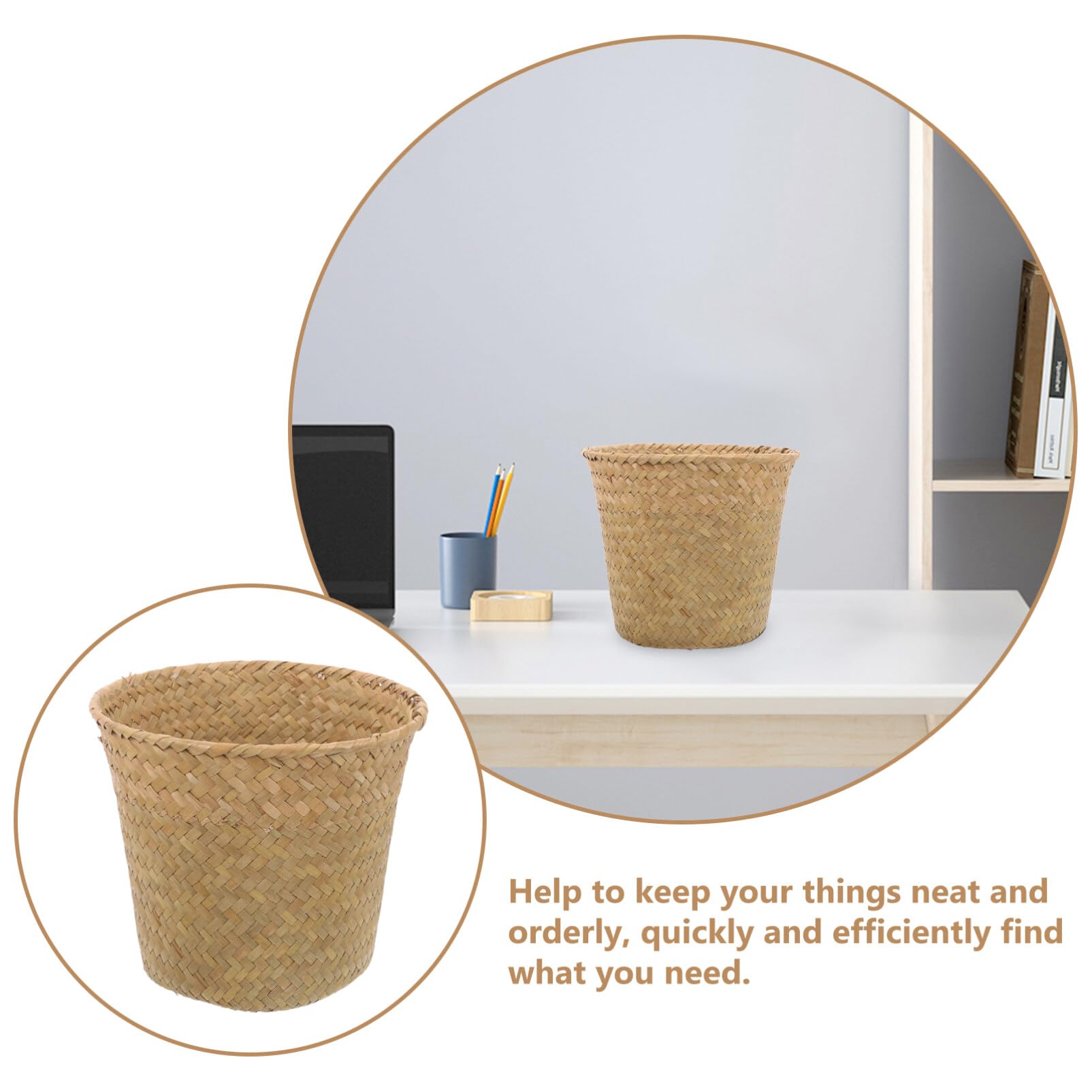 DEARMAMY Seagrass Waste Basket Woven Trash Can Small Round Natural Wastebasket Garbage Bin Recycling Bin Plant Pot Holder for Farmhouse Home Kitchen Bathroom