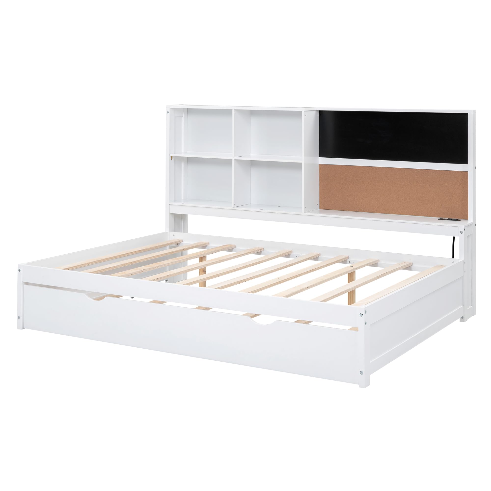 White Full Daybed with Twin Size Trundle, USB Ports and Storage Shelves, Wood Full Size Bed Frame with Blackboard, Cork board and Bookshelf, Full Sofa Bed for Living Room Bedrooms