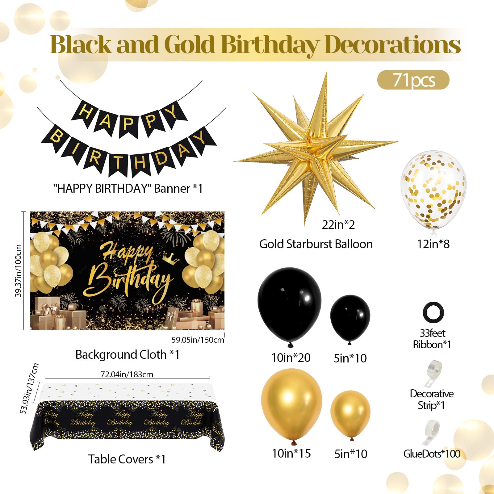 Black and Gold Birthday Decorations for Men Women, 71pcs Black and Gold Party Decorations with Backdrop, Tablecloth, Gold Foil Balloons, Banner, Balloon Arch for Birthday Party Decorations