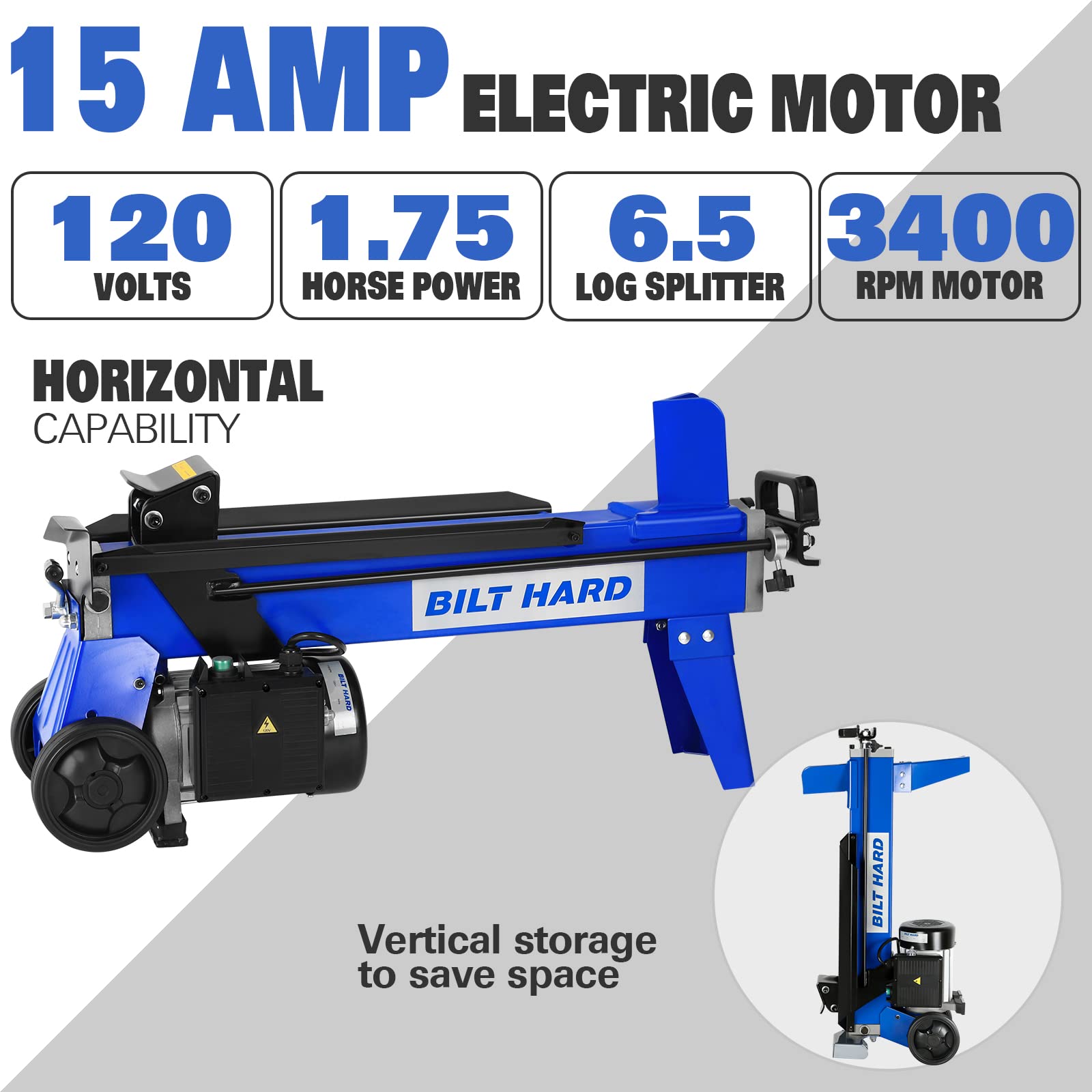 BILT HARD Electric Log Splitter 6.5 Ton with Stand, Wood Splitter Electric Powered 15 Amp Motor with Hydraulic Ram, Firewood Splitting Machine, Horizontal