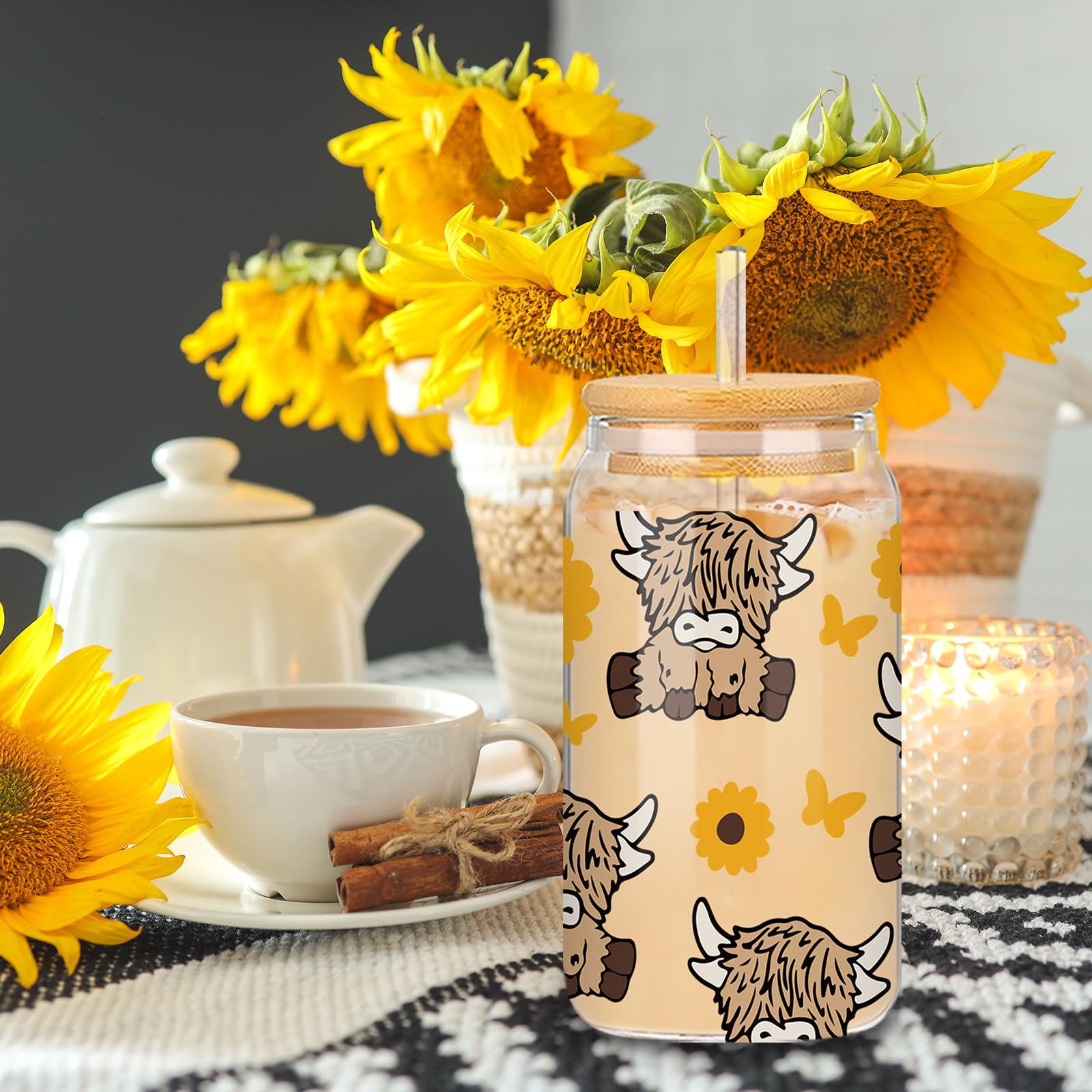 Whaline Highland Cow Iced Coffee Cup with Gift Box Brown Cow Sunflower Drinking Glasses Cute Beer Can Glass with Lid Straw Cleaning Brush for Home Office Women Gifts,16oz