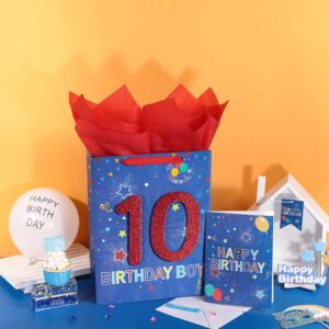 Loveinside Birthday Blue Gift Bag with Tissue Paper, Gift Tag and Greeting Card for 10th Boy Birthday, Party, Baby Shower and More - 10" x 5" x 13", 1 Pcs - 10th Birthday