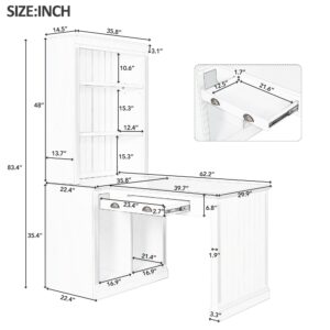 LZ LEISURE ZONE 2 Bookshelf & 1Desk Suite, 83.4" Modern Bookcase Suite with LED Lighting, Drawers and Open Shelves, 3-Piece Set Storage Bookshelf for Living Room/Home Office/Study Room, White