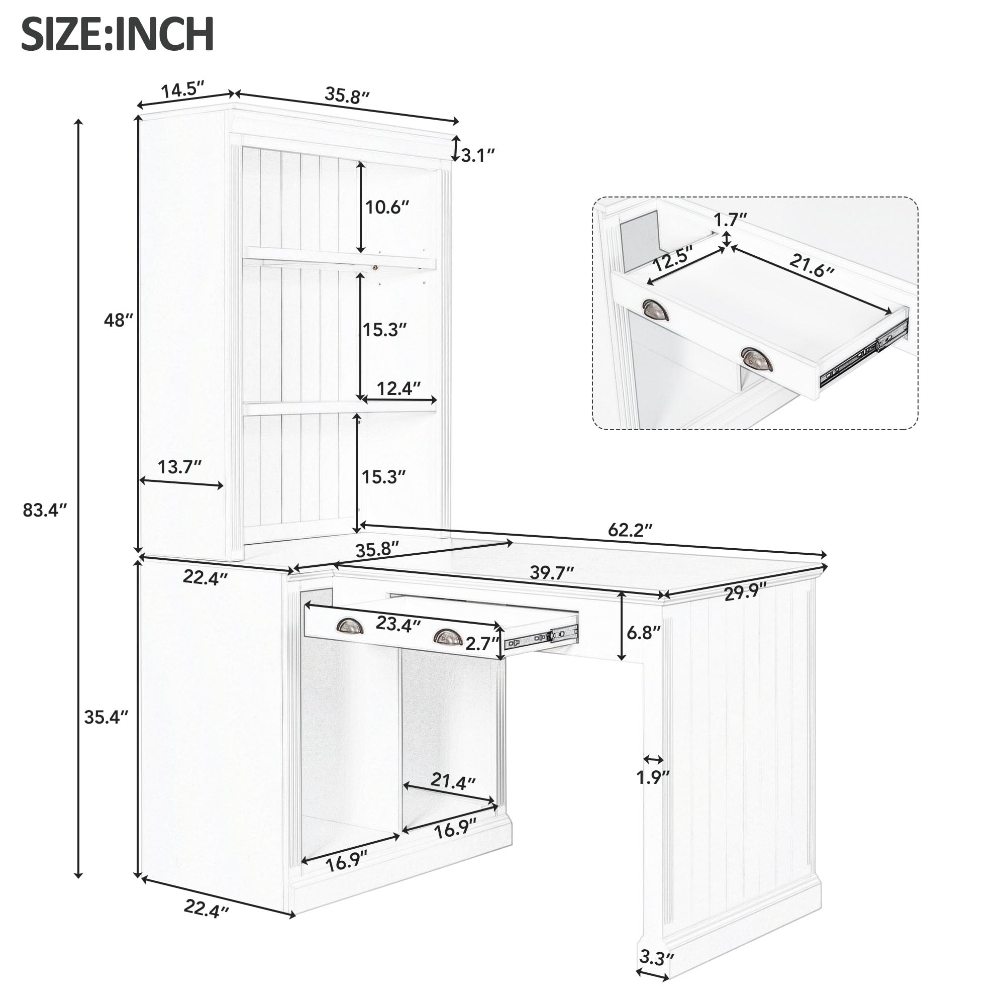 LZ LEISURE ZONE 2 Bookshelf & 1Desk Suite, 83.4" Modern Bookcase Suite with LED Lighting, Drawers and Open Shelves, 3-Piece Set Storage Bookshelf for Living Room/Home Office/Study Room, White