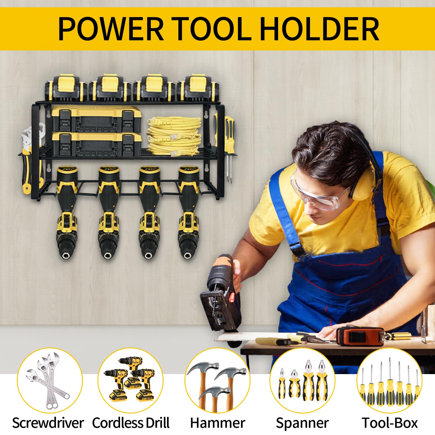 VDHU Power Tool Organizer Wall Mount,Utility Racks,Heavy Duty Drill Holder,3 Layers Storage Rack with 4 Drill Holders,Garage Tool Organizer and Storage Ideal for Tool Room,Workshop,Garage