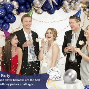 130pcs Navy Blue and Silver Balloon Garland Arch Kit with 3pcs Silver Star Balloons, Royal Blue Metallic Silver White Balloons for Birthday Baby Shower Wedding Graduation Party Decorations