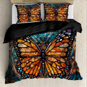 xarleslyna queen size duvet cover sets monarch butterfly quilt cover retro stained glass gold butterfly duvet cover comforter covers with 2 pillowcases for childrens and adults (88"x88")